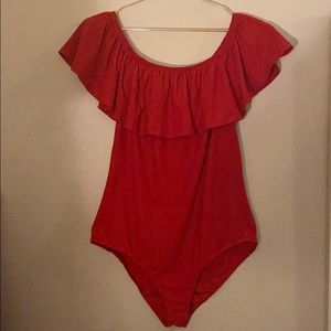 Red Off The Shoulder Ruffle Bodysuit